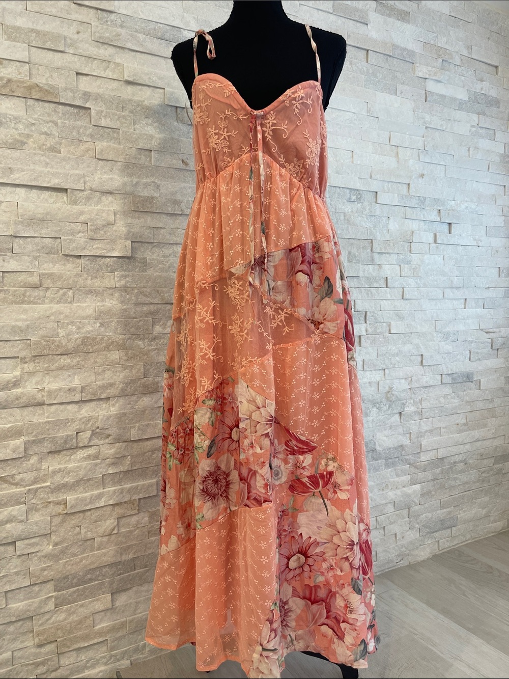 DAVI & DANI Peach Floral Maxi Dress with Tie Straps